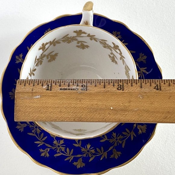 Aynsley Deep Blue No 28 Scalloped Border Gold Accent Floral Thistle Cup Saucer - Picture 10 of 11